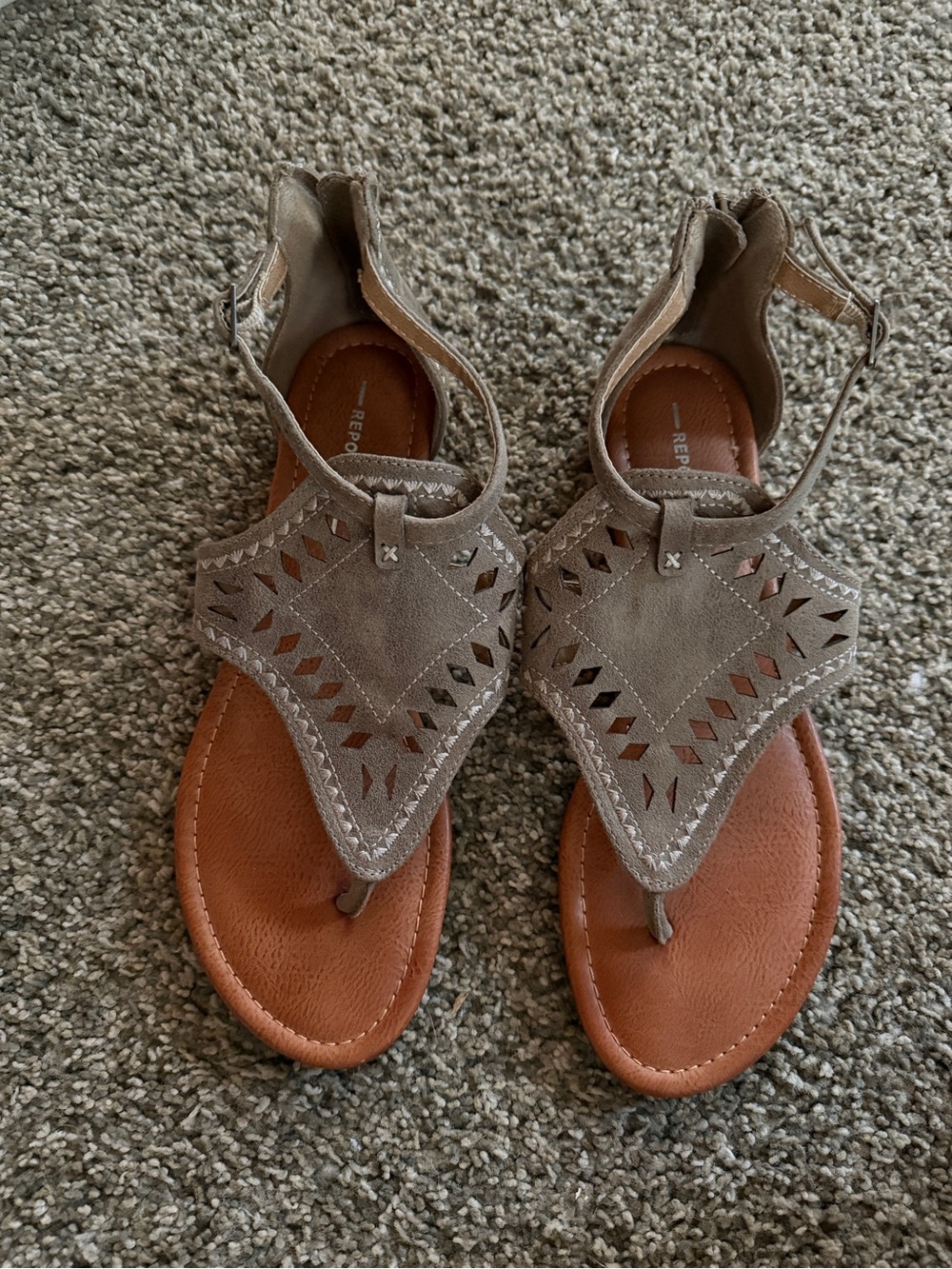 Report Taupe Suede T-Strap Sandals with Brown Footbed